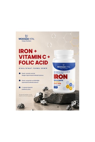 Demir Bisglisinat 14 Mg, C Vitamini 50 Mg Ve Folik Asit 333 Mg 120 Tablet Takviye Edici Gıda