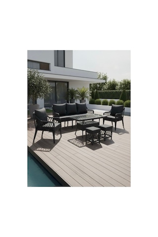 Dora Garden Home Zen 7 Kişilik 3+1+1 2 Adet Puff Hediyeli Rattan Bahçe Takımı Antrasit