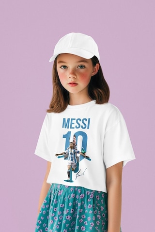 Sevbano Messi 10 Baskılı Unisex Futbolcu Çocuk Tişört 1-12 Yaş Beyaz