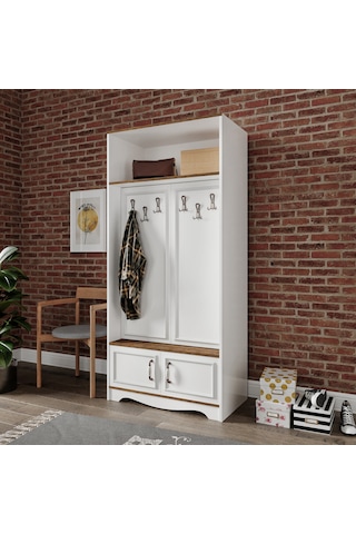 Stella 4 Kapaklı 6 Askılı 5 Bölmeli Country Vestiyer, Portmanto Beyaz-ceviz- Tamamı Mdf Beyaz - Ceviz