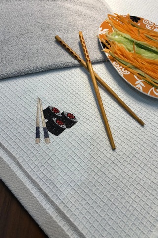 2 Li Mutfak Havlusu Seti - Açık Gri & Sushi Figürlü Kurulama Bezi - %100 Pamuk & 40x60 Cm Açık Gri