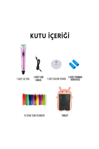 Pembe 3D Kalem 3D Pen Yazıcı Kalem | 50 Metre PLA Filament + Grafik Tablet + USB Kablo