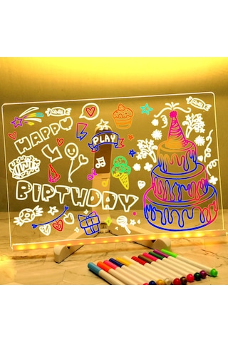 Hombey 30x20cm Büyük Led Işıklı Akrilik Tahta - 12 Renkli Kalem, Açı Ayarlanabilir Tripod, Silme Bezi Ve Şarj Aleti İle Yeniden Kullanılabilir Çizim Ve Not Alma Tablosu Beyaz