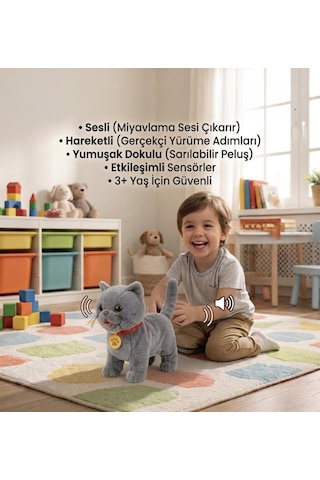 Sevimli Kedi Uzaktan Kumandalı Sesli Miyavlıyan Dil Çıkaran 5 Fonksiyonlu Oyuncak Peluş Hayvan Çok Renkli