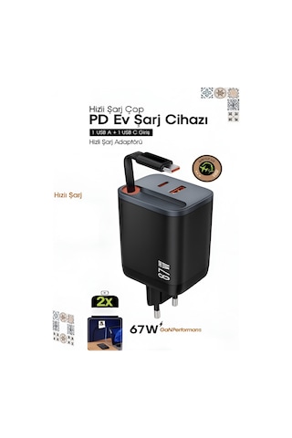 Pd 67w 1xusb 1xtype-c Girişli 2x Fast Hızlı Şarj Adaptörü Univers