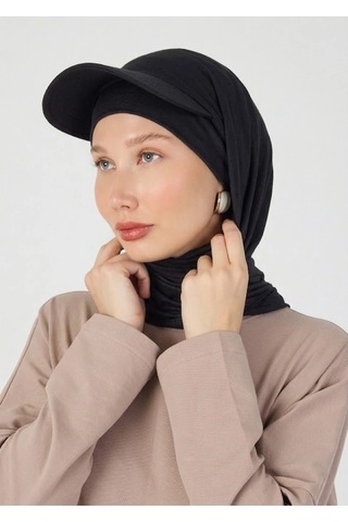 Butikgiz Kadın Siperlikli Boyun Kapatıcı Spor Rahat %100 Pamuklu Penye Tesettür Bone Siyah