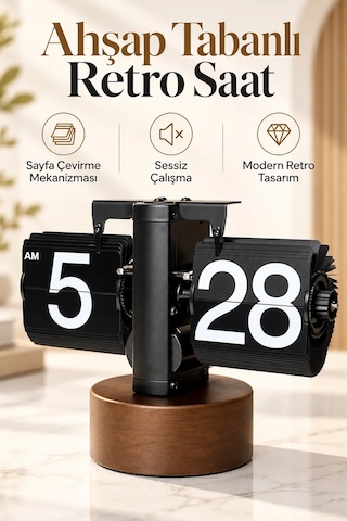 Exenar - Koyu Kahverengi - Yaprak Masa Saati Otomatik Sayfa Çevirmeli Retro Mekanik Ahşap Tasarım Flip Clock Ofis Aksesuarı