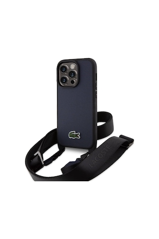 Apple Uyumlu iPhone 14 Pro Max Uyumlu Kılıf Lacoste Lisanslı Pu Pike Desen Askılı İkonik Timsah Logolu Lacivert -