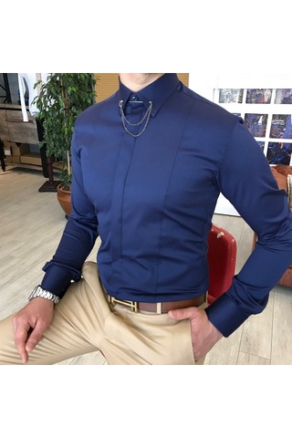 Italyan Kesim Slim Fit Erkek Saten Zincirli Gömlek Lacivert T4802