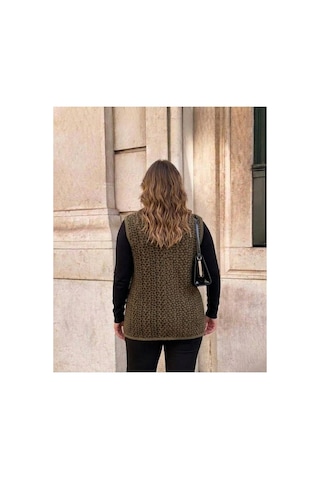 Onno Style Women Çelik Örgü Klasik Leopar Desen Triko Yelek Bej