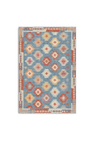 Etnik Kilim Desenli Saçaklı Halı Mavi Kiremit Bohem Dekoratif 3050