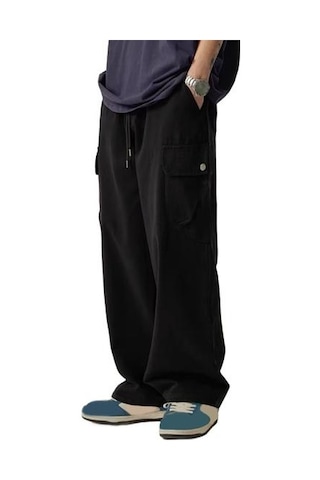 Çok Cepli Amerikan Tarzı Düz Geniş Paça Gevşek Bağcıklı Elastik Bel Erkek Kargo Pantolon Seyahat Günlük Kullanım İçin Sokak Pantolonu Siyah