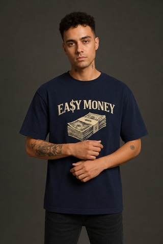 Technomonkey Easy Money Baskılı Unisex Lacivert Retro Tişört