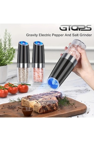 Honeybeeshop 2 Adet Siyah Yerçekimi Elektrikli Biber Ve Tuz Öğütücü Seti Led Işık Büyük Kapasiteli Otomatik Ahşap