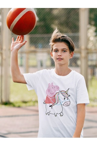 Sevbano Peppa Pig Unicorn Baskılı Unisex Çizgi Film Çocuk Tişört 1-12 Ya Beyaz