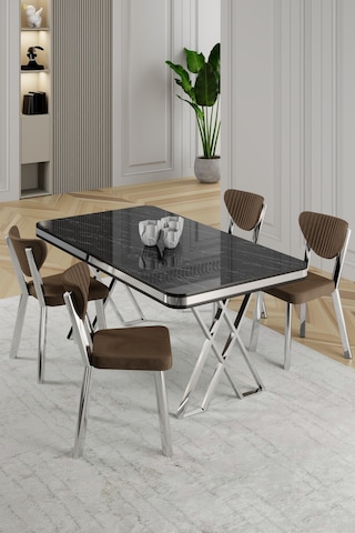 Raja Serisi 80x130 Lak Panel Siyah Mermer Desen Masa Takımı Krom Ayaklı 4 Sandalye Siyah Mermer Masa Kahve Sandalye
