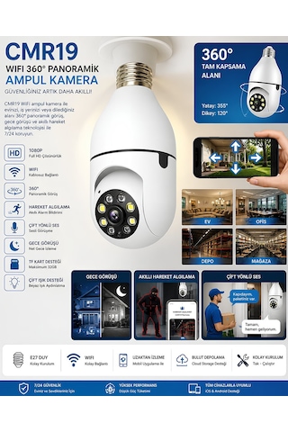 Cmr19 Wifi 360 Panoramik Ampul Kamera Gece Görüş Ses Akıllı Hareket Algılayıcı Güvenlik Kamerası