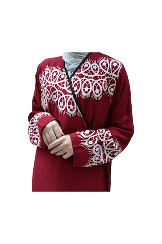 Halkalı Desenli Kruvaze Namaz Elbisesi Yandan Bağlamalı, Rahat Kesim 36 46 Beden Bordo