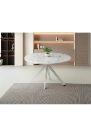 Ahşap Yuvarlak Açılır Büyüyen Yemek Masası Beyaz Mermer Desen 70 x 120 CM