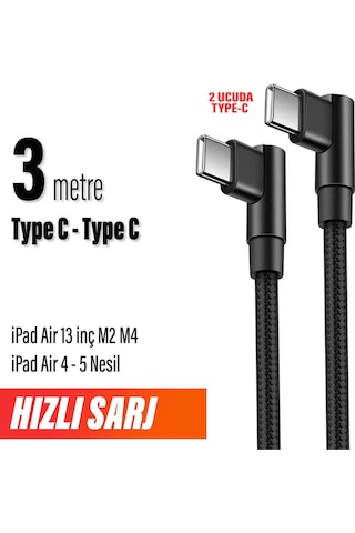 İpad Air 13inç M2 M4 İpad Air 4-5 Nesil Şarj Kablosu Uzun 3m Typec To Typec Hızlı Şarj