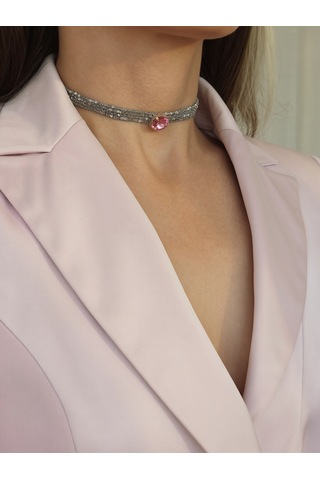 Kordon Zincir Örme Kristal Taşlı El Yapımı Choker Tasma Pembe Silver Renk Kolye