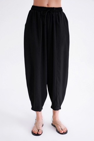 4307 Kadın Beli Lastikli Parçalı Şalvar Pantolon Siyah Siyah