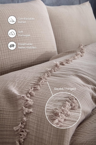 Müslin%100 Pamuk Tek Kişilik Yatak Örtüsü Pike Takımı 4 Katlı Yumuşak Battaniye 2 Parça Bej Cappuccino