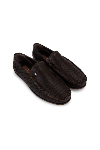 Tamer Tanca Erkek Hakiki Deri Kahverengi Yılan Loafer Ayakkabı Kahverengi