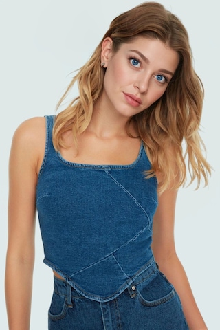 Ersefa Pamuklu Denim Bluz Crop Kesim Kare Yaka Yazlık Kaliteli İşçilik Z Mavi
