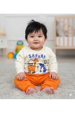 Erkek Bebek Safari Baskılı Alt Üst İkili Gündelik Takım Turuncu