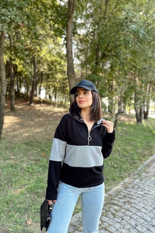 WeShaya Kadın Siyah Uzun Kol, Dik Yaka, Fermuarlı, Double Color Block Basic Sweatshirt Bluz Siyah