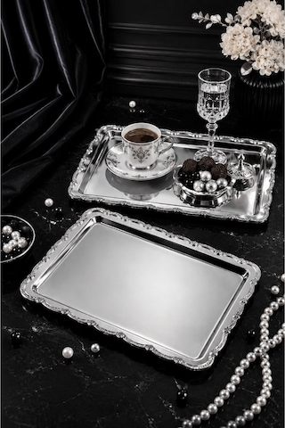 Jasper Nova Silver 2'li Paslanmaz Çelik Gümüş Çerçeve Kahve Sunum Tepsisi Baton 33x17 Cm Gri - Gümüş