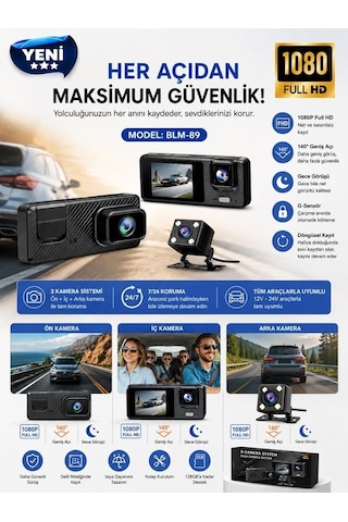 Wi-fi App Destekli 1080p 3 Kameralı Araç İçi Araba Kamerası Gece Görüşü & 140 Geniş Açı Dvr