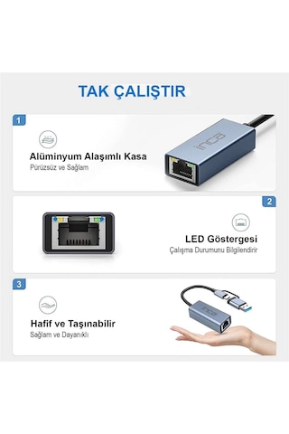 Inca Iutp-01tx Ethernet Adaptörü Usb Ve Type-cye Bağlantı Usb 3.0 Ve Type-c 3.1 Alüminyum 1000mbps