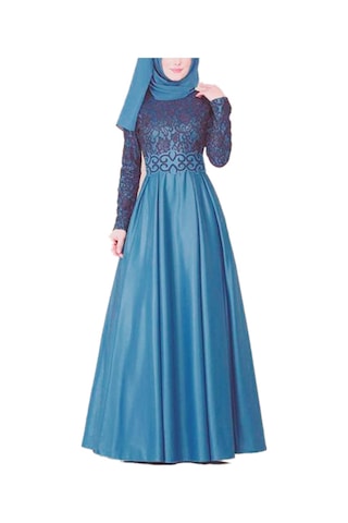Sones Dantel Dikiş Retro Büyük Salıncak Elbise Etnik Stil Uzun Kollu İnce Elbise Mavi