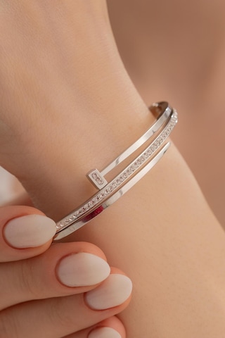 Kadın Çelik Bileklik - Taşlı Çivi Model 3 Sıra Kadın Kelepçe Gümüş
