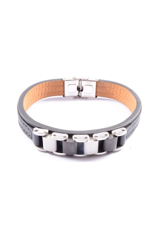 Siyah Zincir Çelik Aksesuarlı Deri Bileklik Çelik