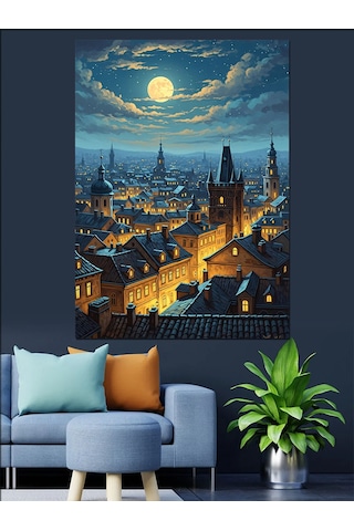 Ahşap Tablo Gece Işıkları Altında Eski Şehir