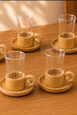 Cift Cidarli 150 Ml 6 Adet Cam Cay Bardagi Ve 6 Adet Bambu Altlik Seti Bx-313777 Renkli