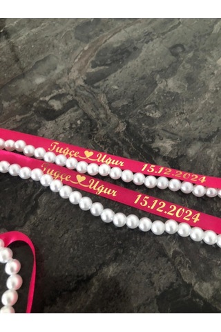 Dökülen İncili Isimli Yüzük Kurdelesi Söz Kurdelesi Fuşya