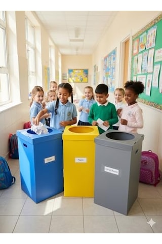 3 Lü Geri Dönüşüm Kutusu İç Mekan Sıfır Atık 35x35x70cm Plastik Oluklu Kağıt Metal Plastik Atıklar İçin Set Çok Renkli
