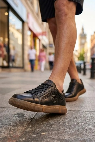 Hakiki Deri Ayakkabı Erkek Sneaker Konforlu Kaymaz Silikon Taban Siyah Siyah