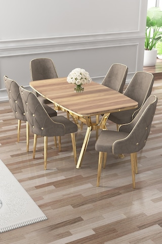 Canisa Asel Serisi 90x160 Lak Panel Hazar Gold Kaplama Ayaklı Masa Takımı Ve 6 Cappucino Sandalye Hazar Masa Cappucino Sandalye Ayaklar Gold