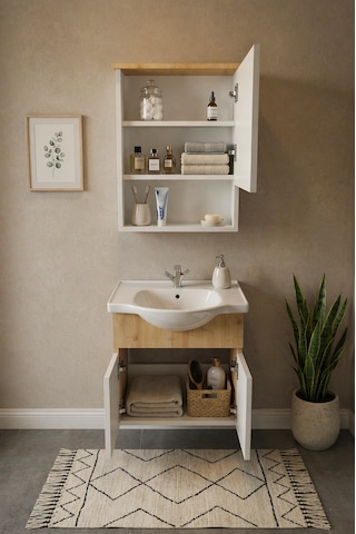 Darende 55cm Seramik Lavabolu Mdf Aynalı Banyo Dolabı Ahşap - Beyaz
