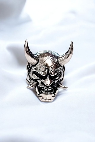 Erkek, Gümüş Kaplama Paslanmaz Kromix Çelik Yüzük - Japon Oni Maskesi Gotik Demon Motorcu Tasarım Gümüş