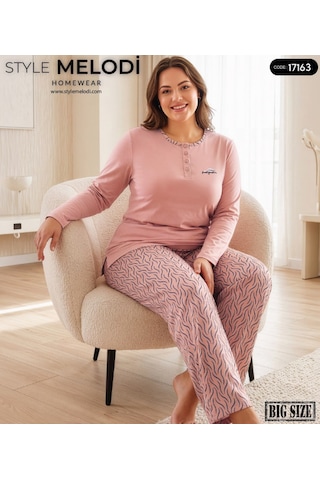 Melodi 17163 Uzun Kol %100 Pamuk Battal Büyük Beden Kadın Pijama Takımı Pembe