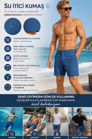 Miami Beach İndigo Su İtici Özellikli Esnek Kumaş Fermaur Ve Çıtçıtlı Erkek Plaj Deniz Şort Mayo // 5001-indigo