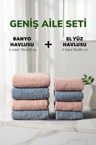 8 Li Çizgili Geniş Aile Seti Pudra Mavi Yumuşak Pamuk El Yüz Banyo Havlu Seti 50x90 Cm 70x140 Cm Renklı