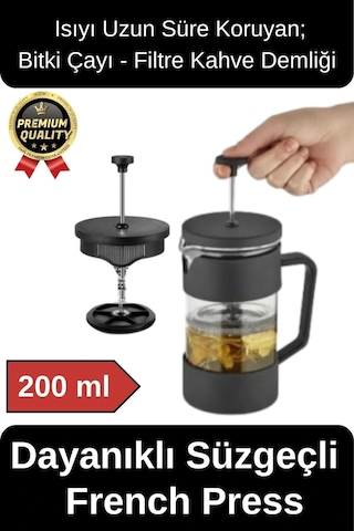 Premium Kalite Dayanıklı Isıyı Koruyan Filtre Kahve Bitki Çayı Demleme Siyah French Press 200 Ml Çok Renkli