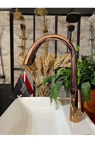 İsaoğlu Yapı Bakır Mutfak Bataryası Bronz Evye Musluğu Spiralli Batarya Premium Tasarım Rose Bakır Mutfak Armatür Rose Gold